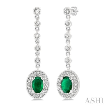 6x4 MM Oval Shape Emerald and 3/8 Ctw Round Cut Diamond Drop Earrings in 14K White Gold